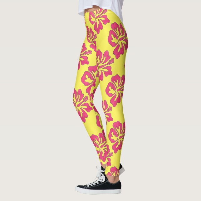 Rosa Gelbe Hawaiianische Blume für tropischen Hibi Leggings (Links)