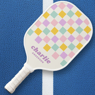 Rosa gelbe lila-blaue Schachbrettrückwand Pickleball Schläger