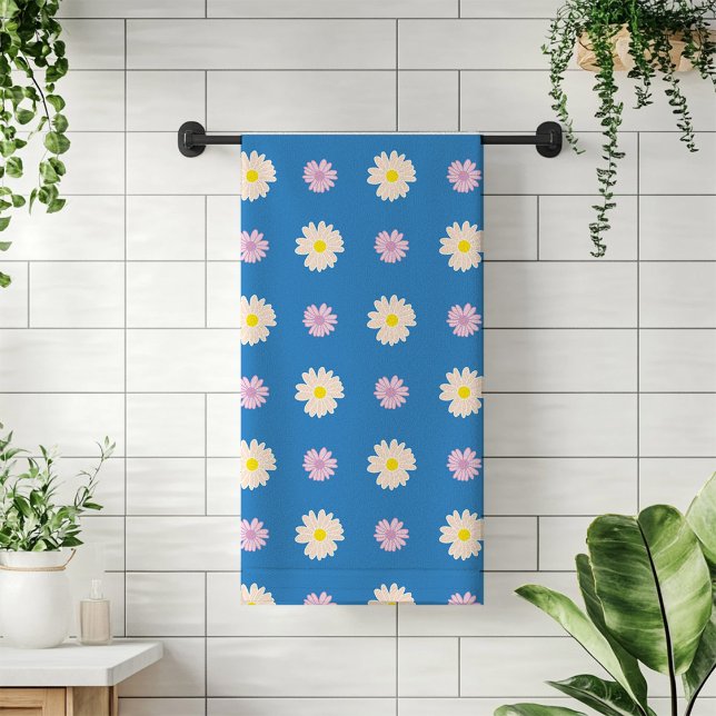 Rosa gelbe Milchditsien florales Muster Streifen B Badhandtuch Set (Pink Yellow Daisies Flowers Pattern Stripes I Blue Bath Towel Set)