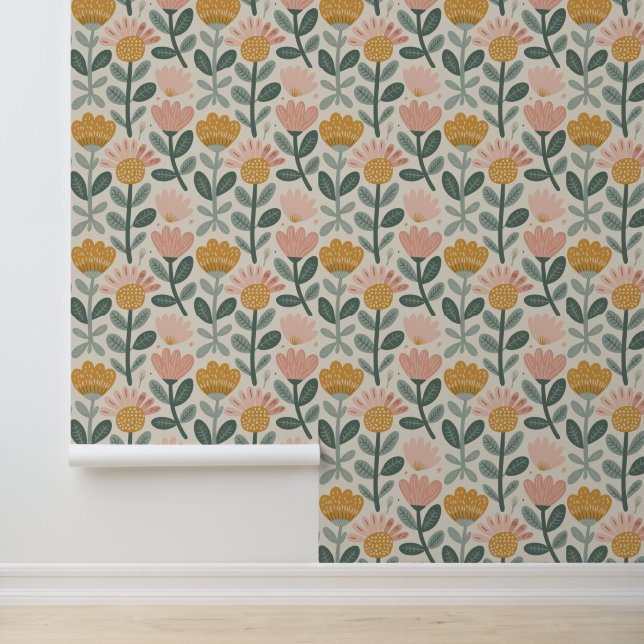Rosa Gelbe Moderne Floral Tapete (Anwendung)