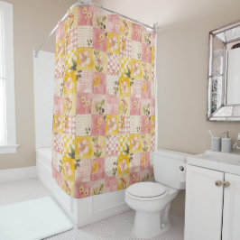 Rosa gelbe Patchwork-Decke rustikale florale Retro Duschvorhang