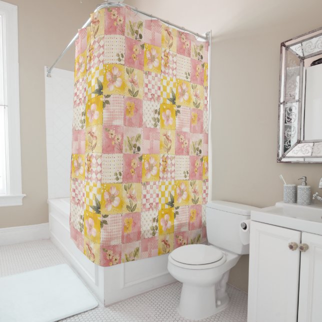 Rosa gelbe Patchwork-Decke rustikale florale Retro Duschvorhang (Beispiel)