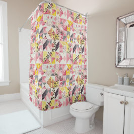 Rosa gelbe Patchwork-Quilt-Rustikalie Retro-Blumen Duschvorhang