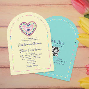 Rosa-gelbe Retro-Hochzeitseinladung mit QR-Code Einladung