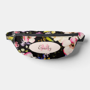 Rosa-gelbe Rosen in Aquarellfarbe auf schwarz, Mon Bauchtasche