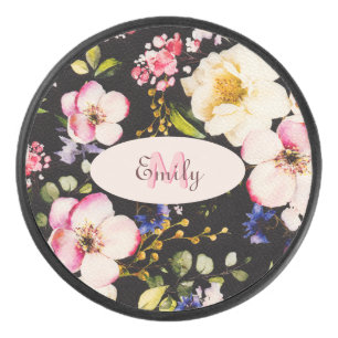 Rosa-gelbe Rosen in Aquarellfarbe auf schwarz, Mon Eishockey Puck