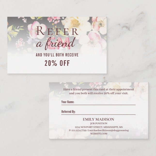 Rosa-gelbe Rosen in Aquarellfarbe auf schwarz, Mon Empfehlungskarte (Vorne/Hinten)