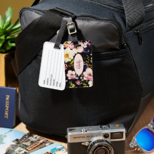 Rosa-gelbe Rosen in Aquarellfarbe auf schwarz, Mon Gepäckanhänger