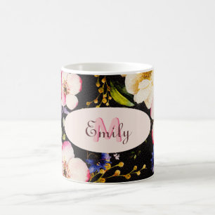 Rosa-gelbe Rosen in Aquarellfarbe auf schwarz, Mon Kaffeetasse