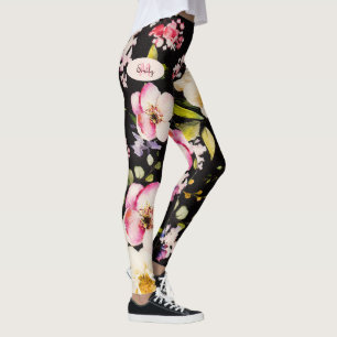 Rosa-gelbe Rosen in Aquarellfarbe auf schwarz, Mon Leggings