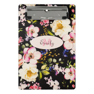 Rosa-gelbe Rosen in Aquarellfarbe auf schwarz, Mon Mini Klemmbrett