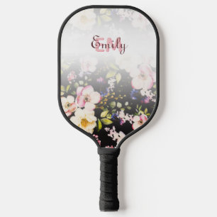 Rosa-gelbe Rosen in Aquarellfarbe auf schwarz, Mon Pickleball Schläger