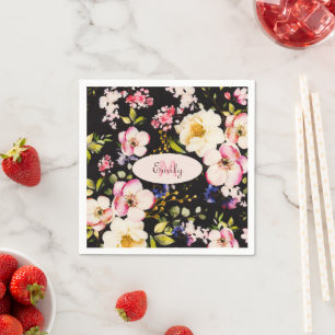 Rosa-gelbe Rosen in Aquarellfarbe auf schwarz, Mon Serviette