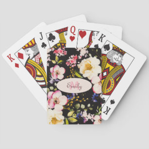 Rosa-gelbe Rosen in Aquarellfarbe auf schwarz, Mon Spielkarten