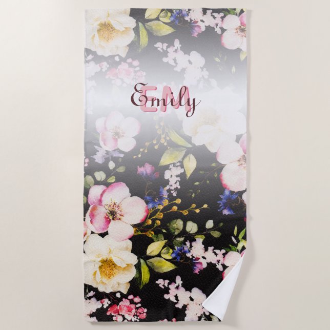 Rosa-gelbe Rosen in Aquarellfarbe auf schwarz, Mon Strandtuch (Vorderseite)