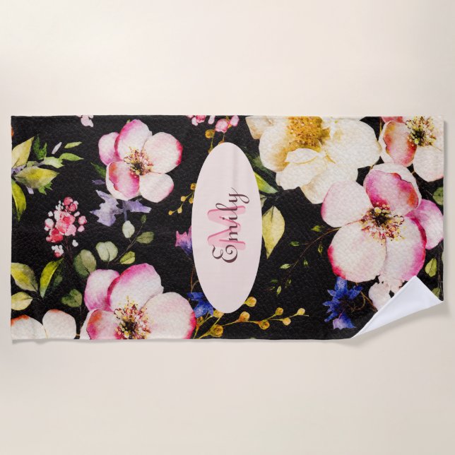 Rosa-gelbe Rosen in Aquarellfarbe auf schwarz, Mon Strandtuch (Vorderseite)