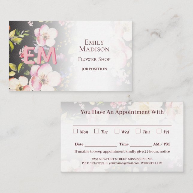 Rosa-gelbe Rosen in Aquarellfarbe auf schwarz, Mon Terminkarte (Vorne/Hinten)