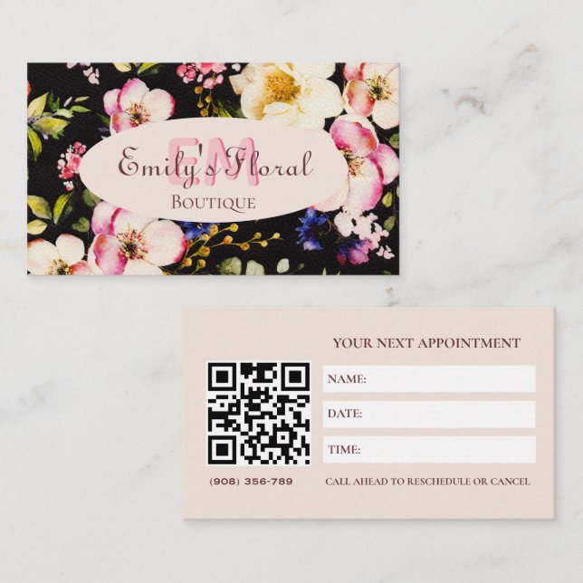 Rosa-gelbe Rosen in Aquarellfarbe auf schwarz, Mon Terminkarte (Vorne/Hinten)