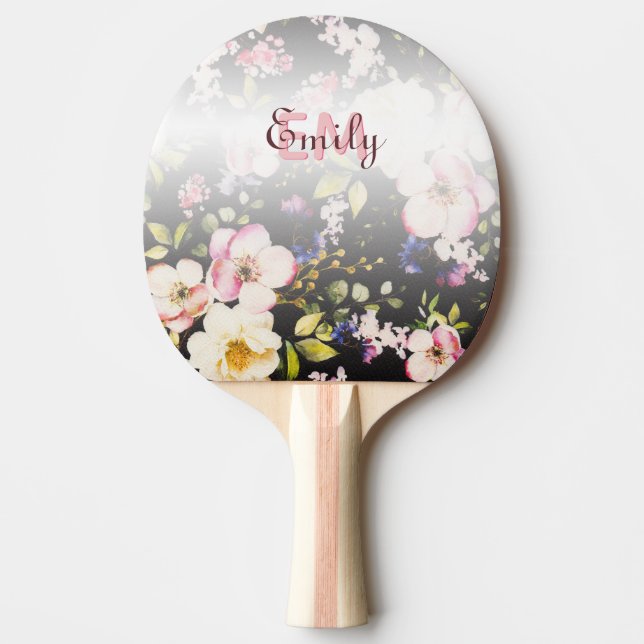 Rosa-gelbe Rosen in Aquarellfarbe auf schwarz, Mon Tischtennis Schläger (Vorderseite)