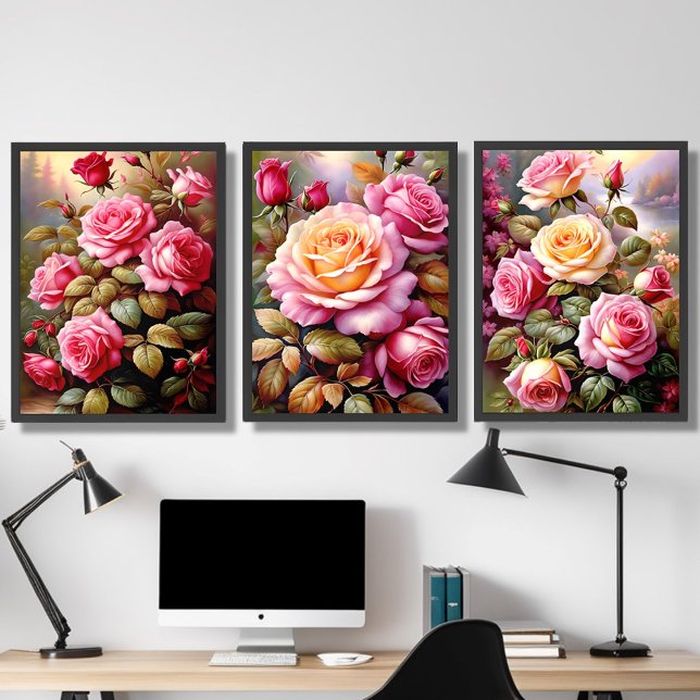 Rosa Gelbe Rosen Landschaft Bilderwand Sets (Black Frame)