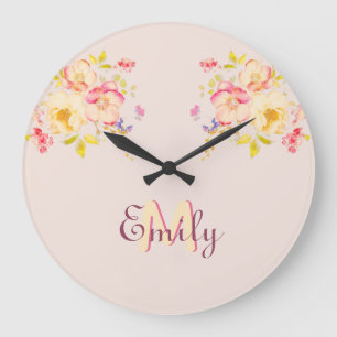 Rosa Gelbe Rosen, Monogramm Große Wanduhr