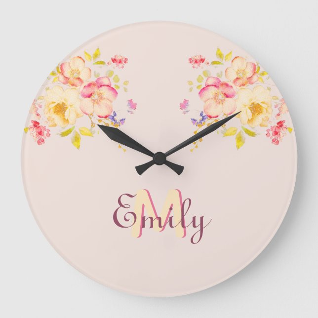 Rosa Gelbe Rosen, Monogramm Große Wanduhr (Vorderseite)