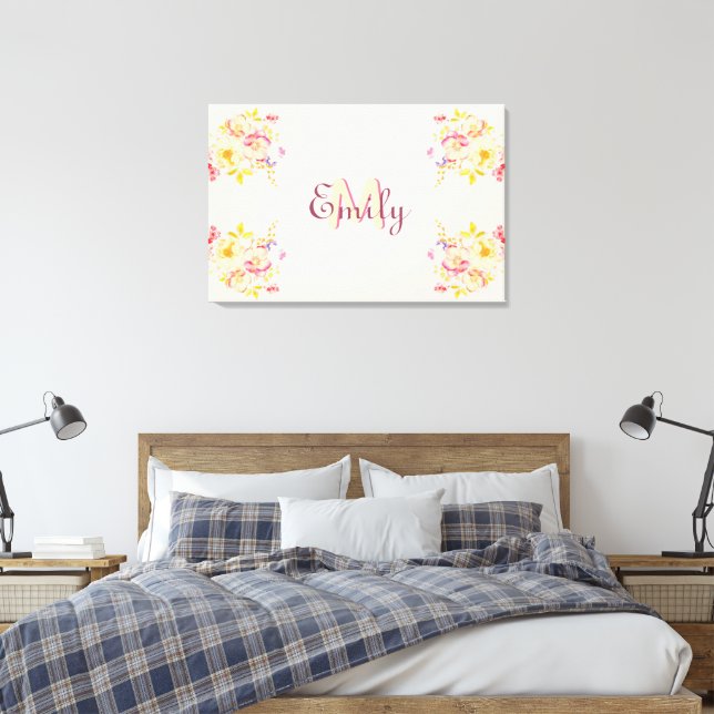 Rosa Gelbe Rosen, Monogramm Leinwanddruck (Insitu (Schlafzimmer))