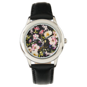 Rosa gelbe Rosen, schwarzer Hintergrund Armbanduhr