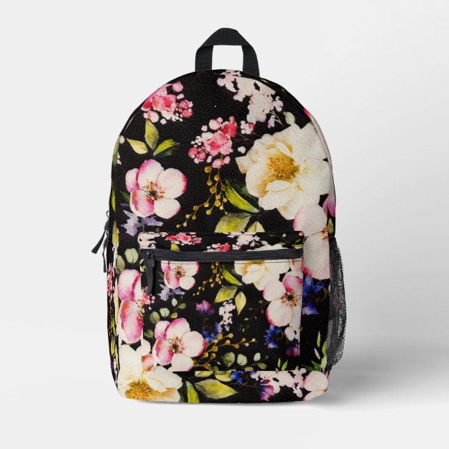 Rosa gelbe Rosen, schwarzer Hintergrund Bedruckter Rucksack (Vorderseite)