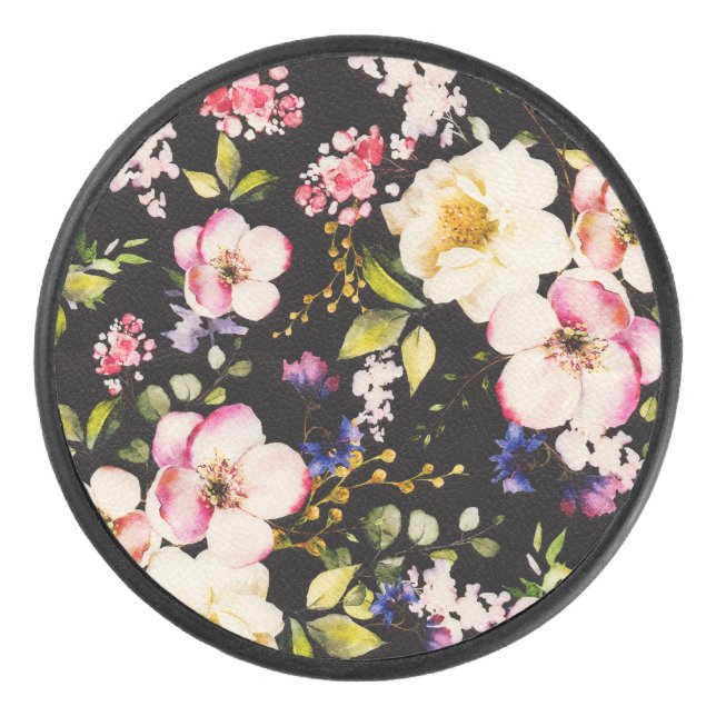 Rosa gelbe Rosen, schwarzer Hintergrund Eishockey Puck (Vorderseite)