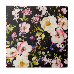 Rosa gelbe Rosen, schwarzer Hintergrund Fliese