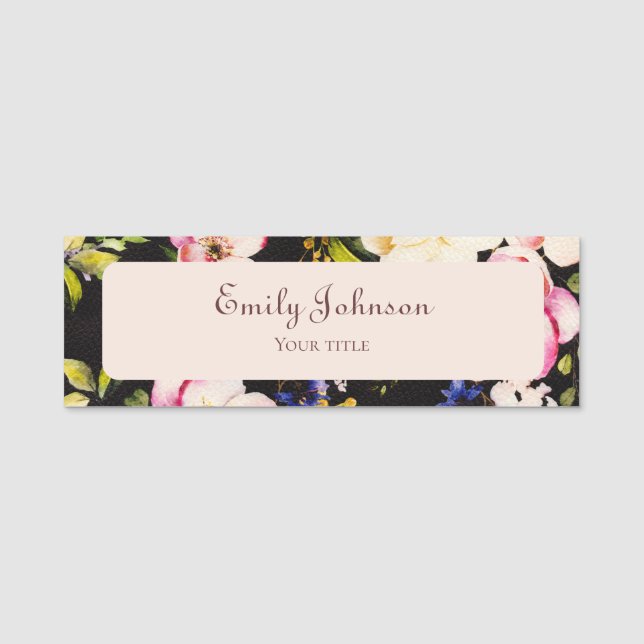 Rosa gelbe Rosen, schwarzer Hintergrund Namensschild (Vorderseite)