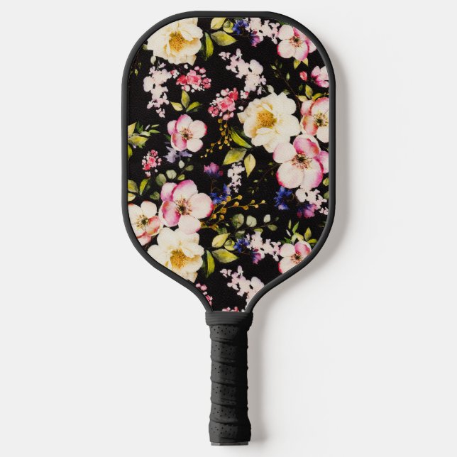 Rosa gelbe Rosen, schwarzer Hintergrund Pickleball Schläger (Vorderseite)
