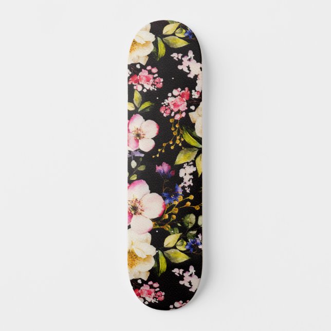 Rosa gelbe Rosen, schwarzer Hintergrund Skateboard (Vorderseite)