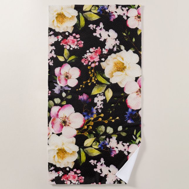 Rosa gelbe Rosen, schwarzer Hintergrund Strandtuch (Vorderseite)