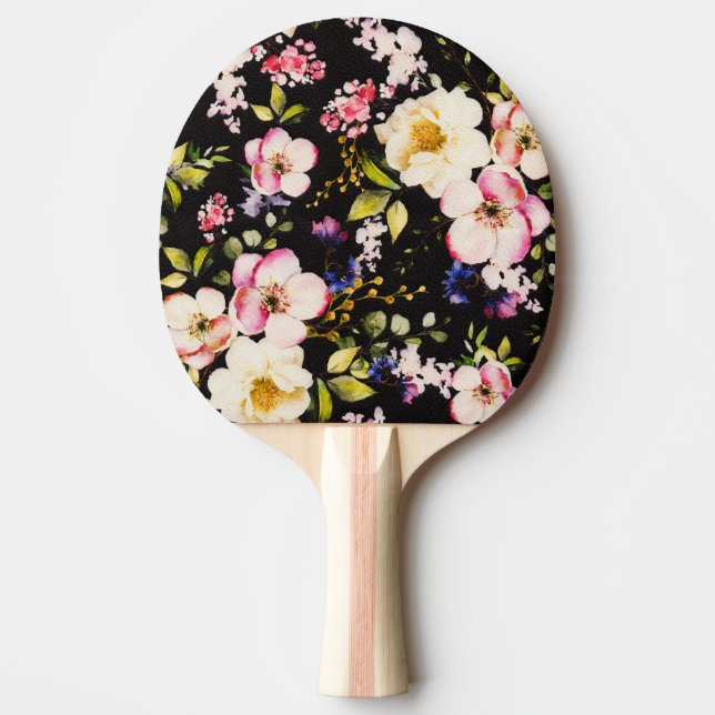 Rosa gelbe Rosen, schwarzer Hintergrund Tischtennis Schläger (Vorderseite)
