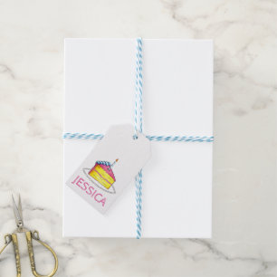 Rosa Gelbe Schicht Happy Geburtstagskuchen Slice C Geschenkanhänger