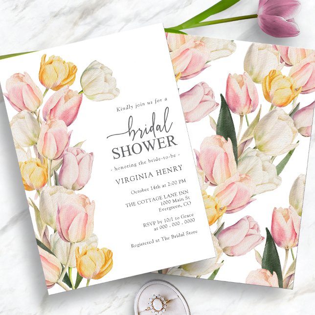 Rosa Gelbe Tulips Brautparty Einladung (Watercolor Pink Yellow Tulips Bridal Shower Invitation by Painted Paperie
)