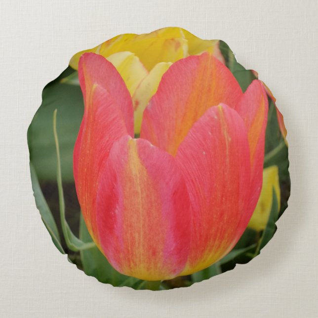 Rosa gelbe Tulpen Rundkissen Rundes Kissen (Rückseite)