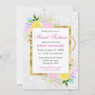 Rosa, Gelbe und Blaue Blumen Gold Sweet 16 Einladung