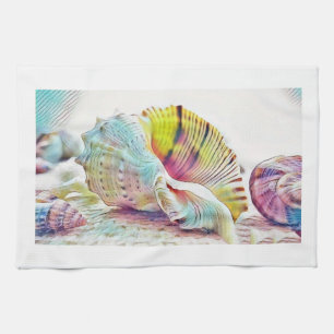 Rosa gelbe und blaue Muscheln Aquarellbilder Geschirrtuch