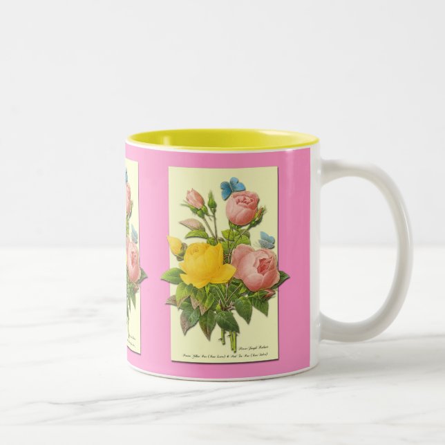 Rosa gelbe Vintage botanische Rose Kaffeebecher Zweifarbige Tasse (Rechts)