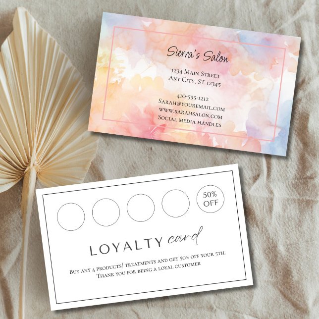 Rosa Gelbe Wasserpfeife Salon Nägel Loyalität Visitenkarte (Pink Yellow watercolor wash Hair Salon, Nail Salon, Spa Business Loyalty card)