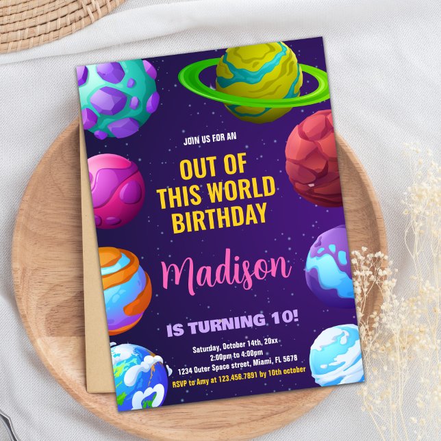 Rosa Gelbe Weltraum Geburtstagseinladungen Einladung (Pink Yellow Outer Space Birthday Invitations)