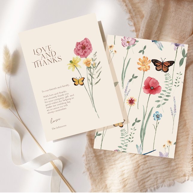 Rosa gelbe Wildblume Liebe und Dank Hochzeit Dankeskarte (Pink Yellow Wildflower Love And Thanks Wedding Thank You Card)