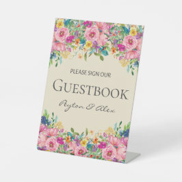 Rosa Gelbe Wildblumen Hochzeit Unterschreiben Sie Sockelschild