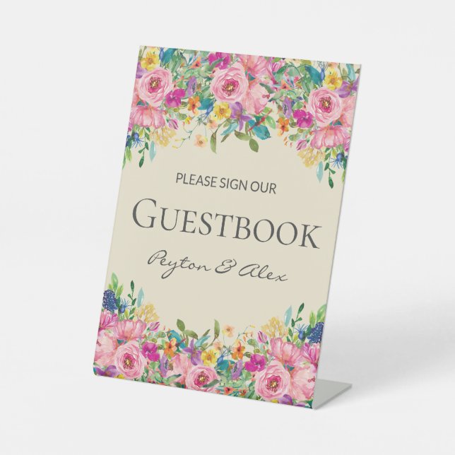 Rosa Gelbe Wildblumen Hochzeit Unterschreiben Sie  Sockelschild (Vorderseite)