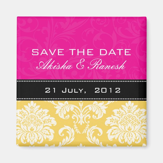 Rosa gelber Damast-Save the Date Magnet (Vorne)