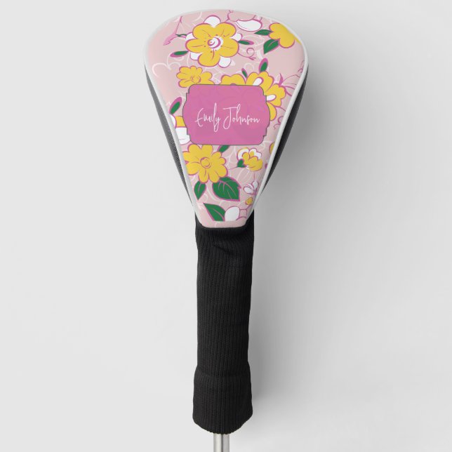 Rosa Gelbes Blumen-Whimsical-Muster Individueller  Golf Headcover (Vorderseite)