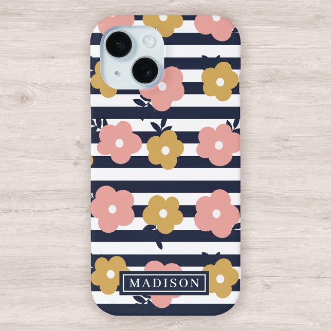 Rosa gelbes Blumenmuster auf Navy Blue Stripes Case-Mate iPhone Hülle (Von Creator hochgeladen)